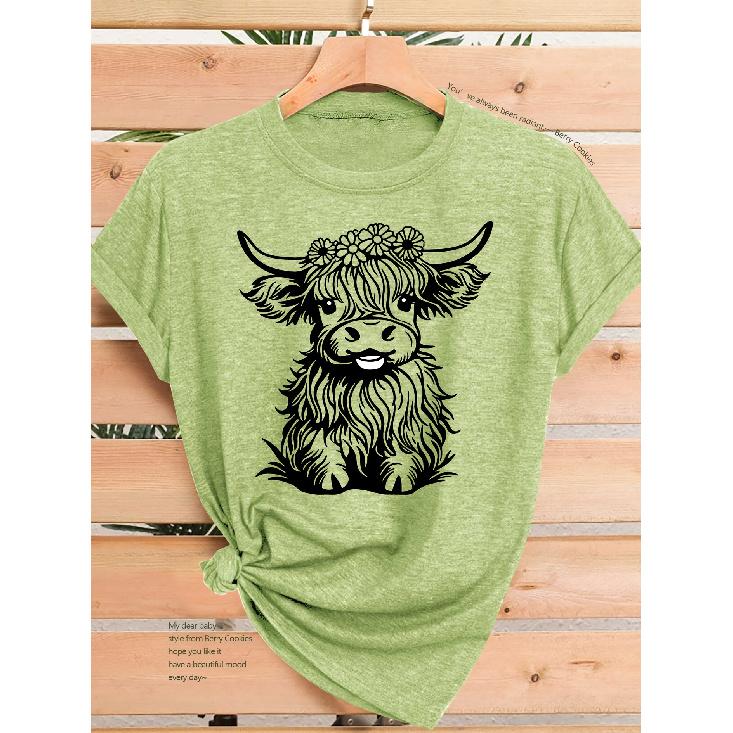 2026New women's short-sleeve shirt T Shirt Garland Highland Cow Print Elegant and versatile casual sports-style round-neck short-sleeve top for