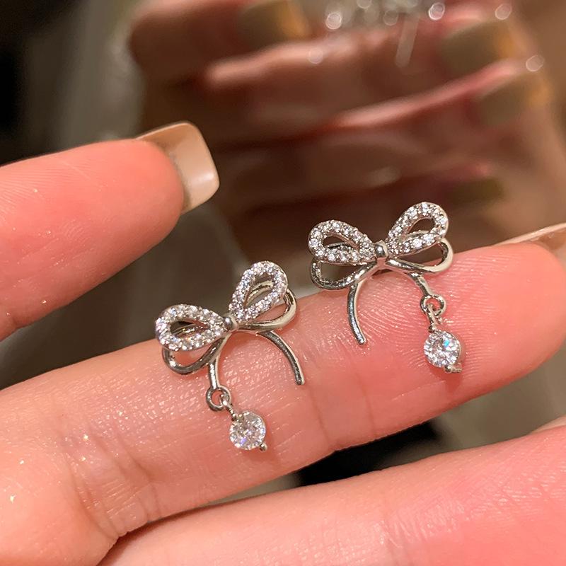 Korean Rhinestone Bow Earrings for Women - Elegant Autumn/Winter Design