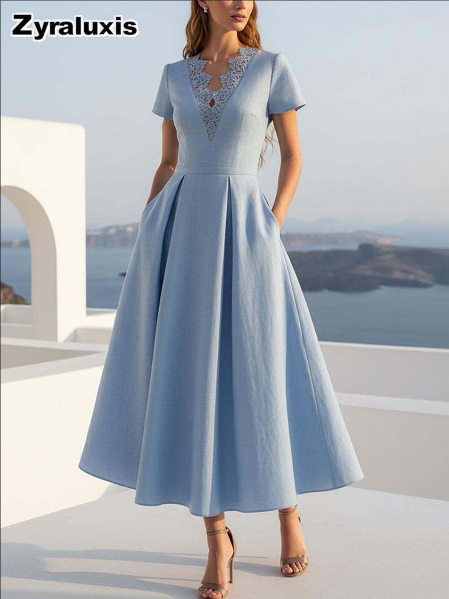 French V-Neck Ruffled Waistline Short Sleeve Women s Dress Vacation Style Outfit S