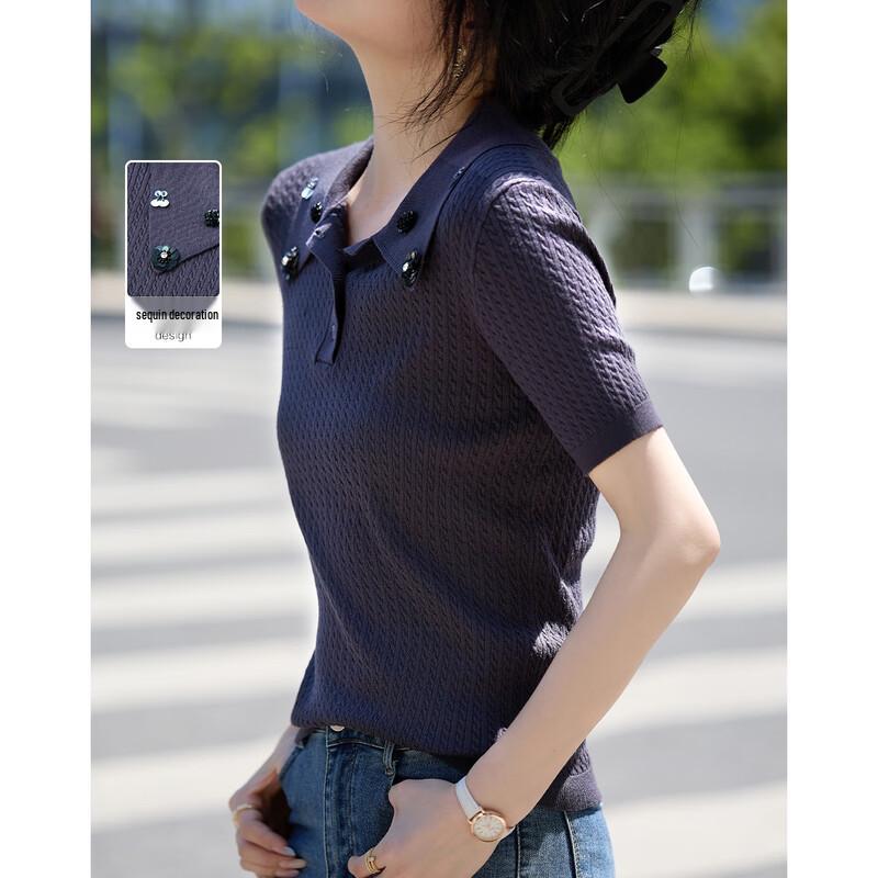 Demana Damen Pailletten Blumen Kurzarm Polo Strickoberteil