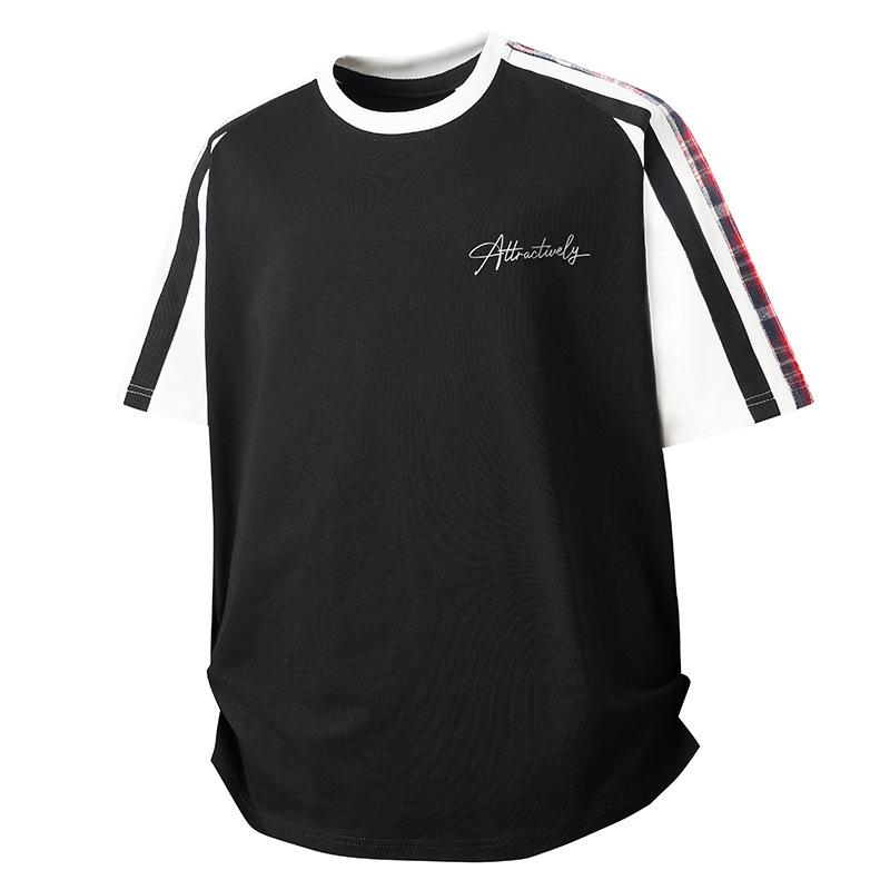 

Свободная футболка с круглым вырезом, Ретро лоскутный топ в клетку контрастных цветов, Универсальная повседневная футболка с короткими рукавами M чёрный