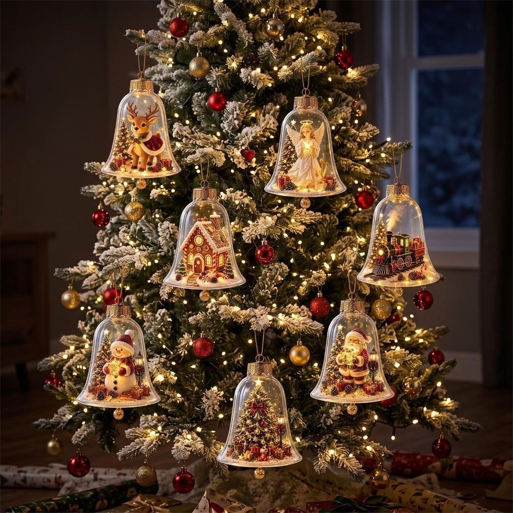 Transparent Lighted Christmas Bell Ornament Acrylic Cartoon Style Clear Christmas Bauble Ornament LED Lighted Plastic