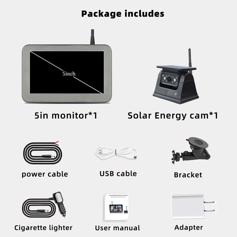 

Qxny WIFI Wireless Rear View Backup Camera Solar Powered Energy Magnet Reverse Cam AHD 5 Monitor for Camper Truck Trailer Rv