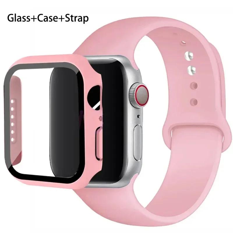 Glass+Case+Strap For Apple Watch band 46mm 45mm 44mm 41mm 40 38mm Silicone watchband bracelet iWatch series 10 9 8 7 6 5 4 3 SE