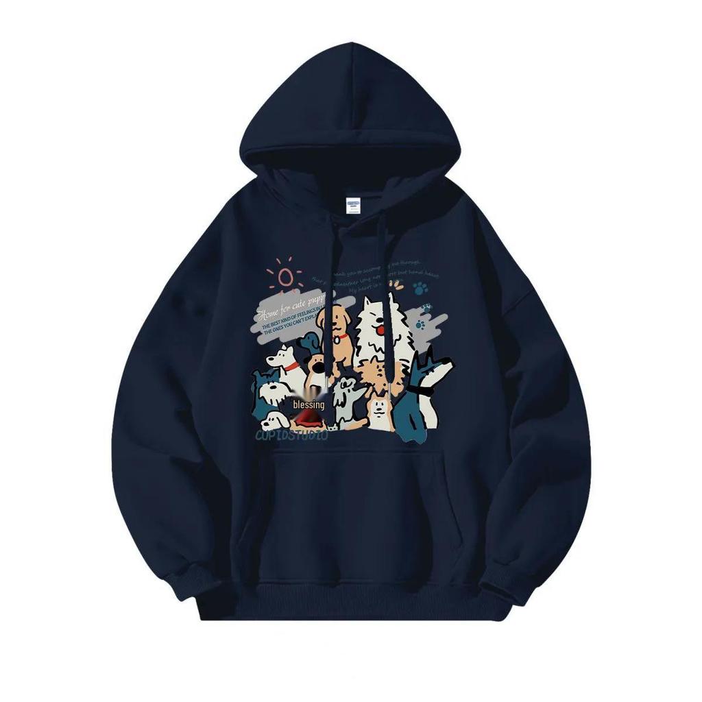 Silver Fox Velvet Korean Lazy Style Dog Print Hooded Sweatshirt - Women's Spring/Winter Jacket, Unisex Trendy Versatile Design.