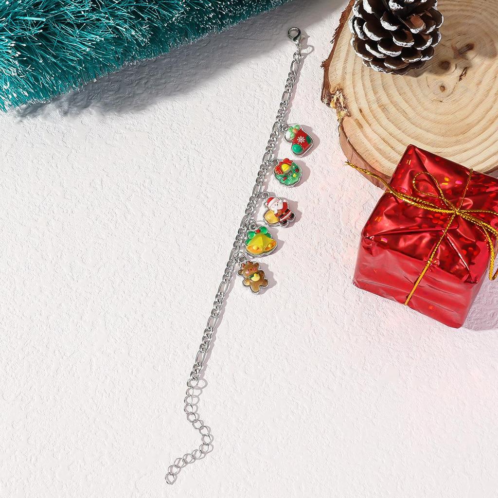 European & American Christmas Cartoon Charm Bracelet with Santa Claus, Bell, and Tree Pendants