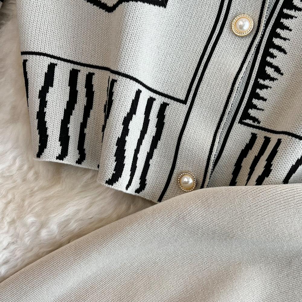 Autumn Winter Lady Knit Female Sweater Tracksuit Single Breasted Painting Cardigan Coat+Wide Legs Pants Women 2 Piece Set