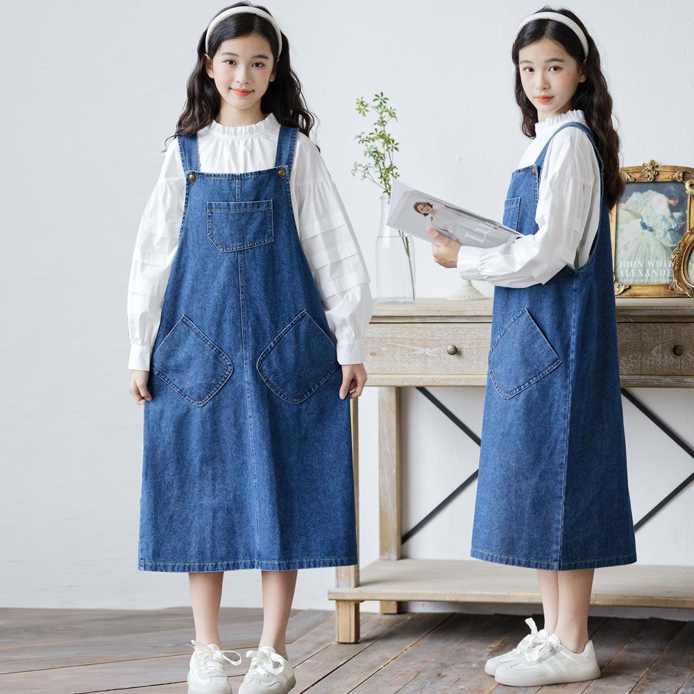 Jente denim vestkjole og langermet toppsett - Vår/høst 2025-kolleksjon for mellomstore og store barn