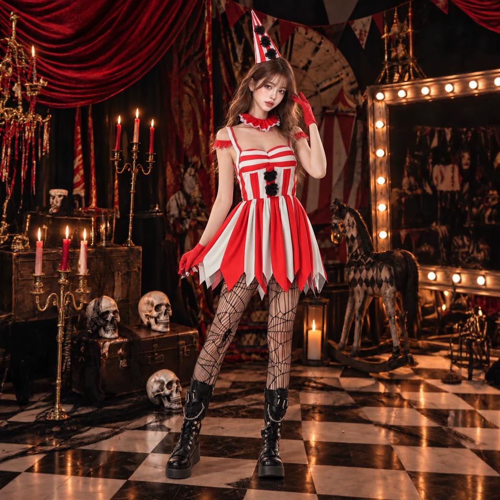 Halloween Costume: Circus Revenant Clown cos Costume Evil Clown Horror Doll Red Women's Performance Outfit