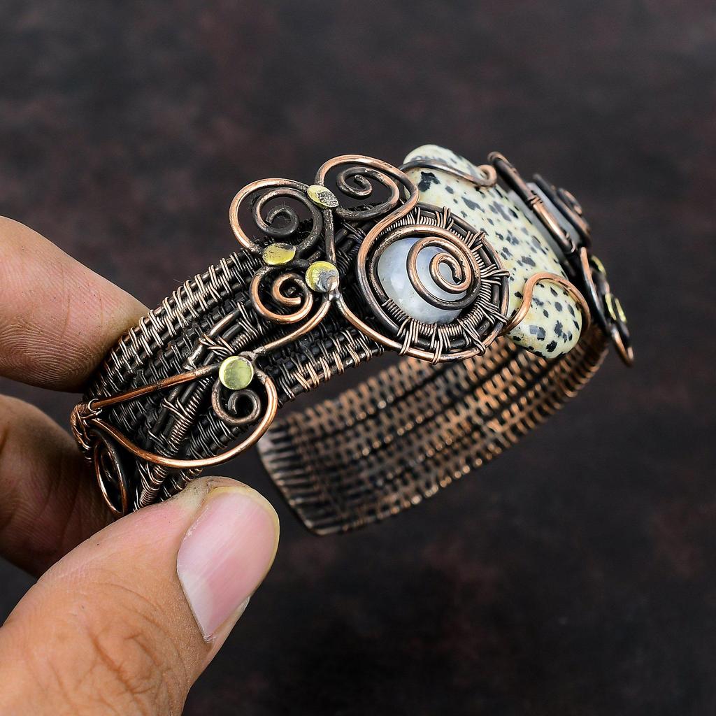 Dalmatiner Jaspis Armreif Kupferdraht umwickelter Armreif Regenbogen Mondstein Edelstein Armband Verstellbarer Armreif Handgefertigter Schmuck Geschenk für Ihn