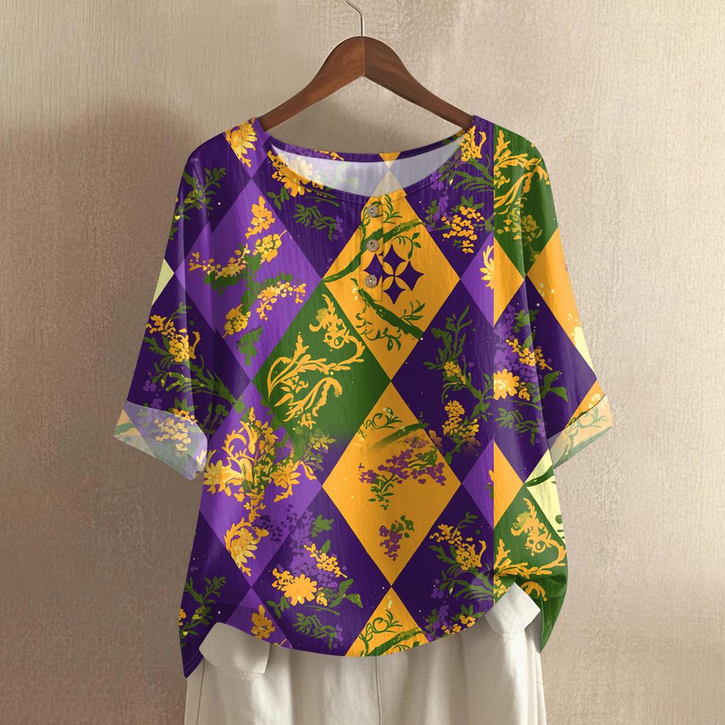 Women's Casual And Comfortable Mid-Length Round-Neck Fashion Print Cotton-Linen Top