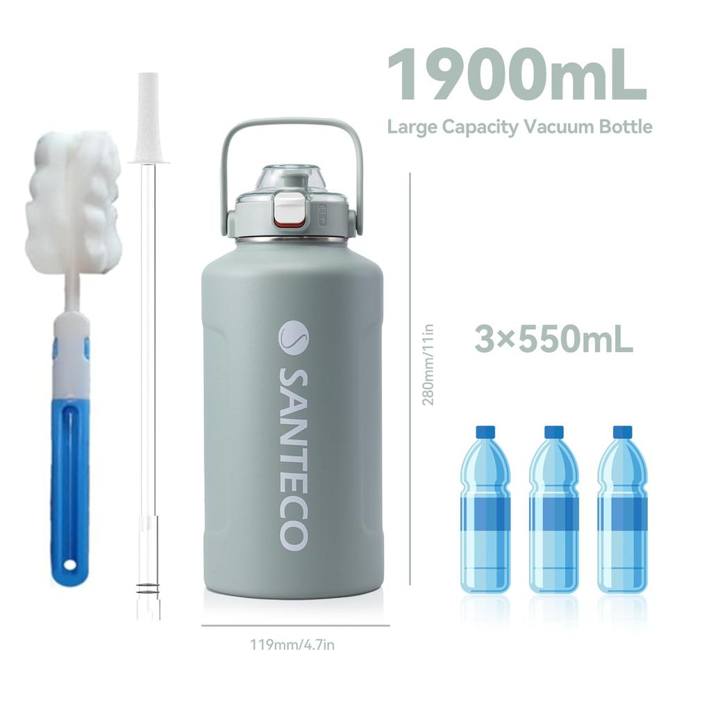 SANTECO 1900ml Large Capacity Vacuum Insulated Stainless Steel Water Bottle Baseball with Direct Suitable for Sports Keeps Drinks Hot or Wide Easy to