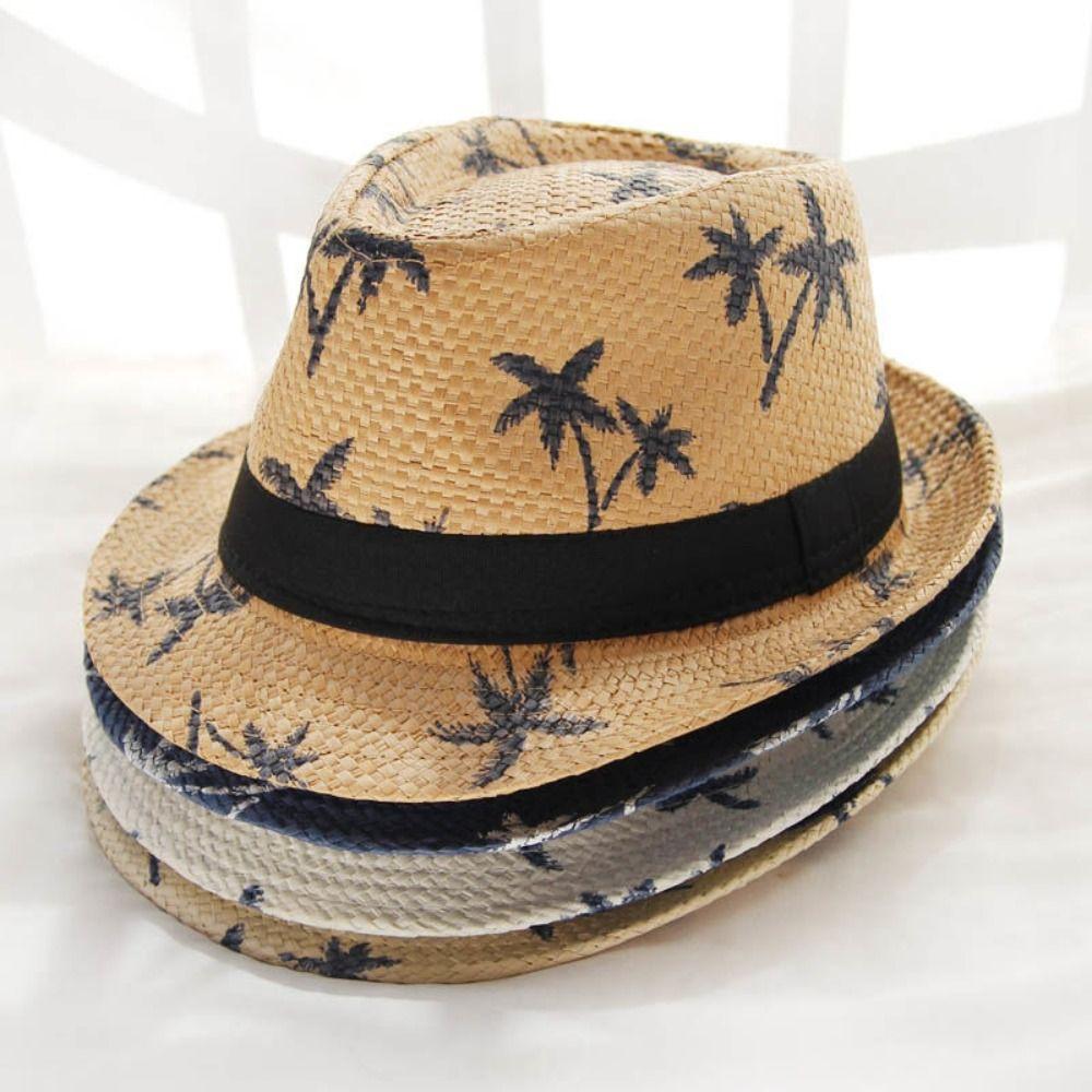 Wide Brim Beach Cap Coconut Trees Pattern Panama Cap Summer Jazz Hat  Children Kids