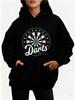 Darts Lover Black Hoodie with Circular Graphic Dartboard Design White Stars & Cursive 'Darts' Text Drawstring Hood Front Pockets C