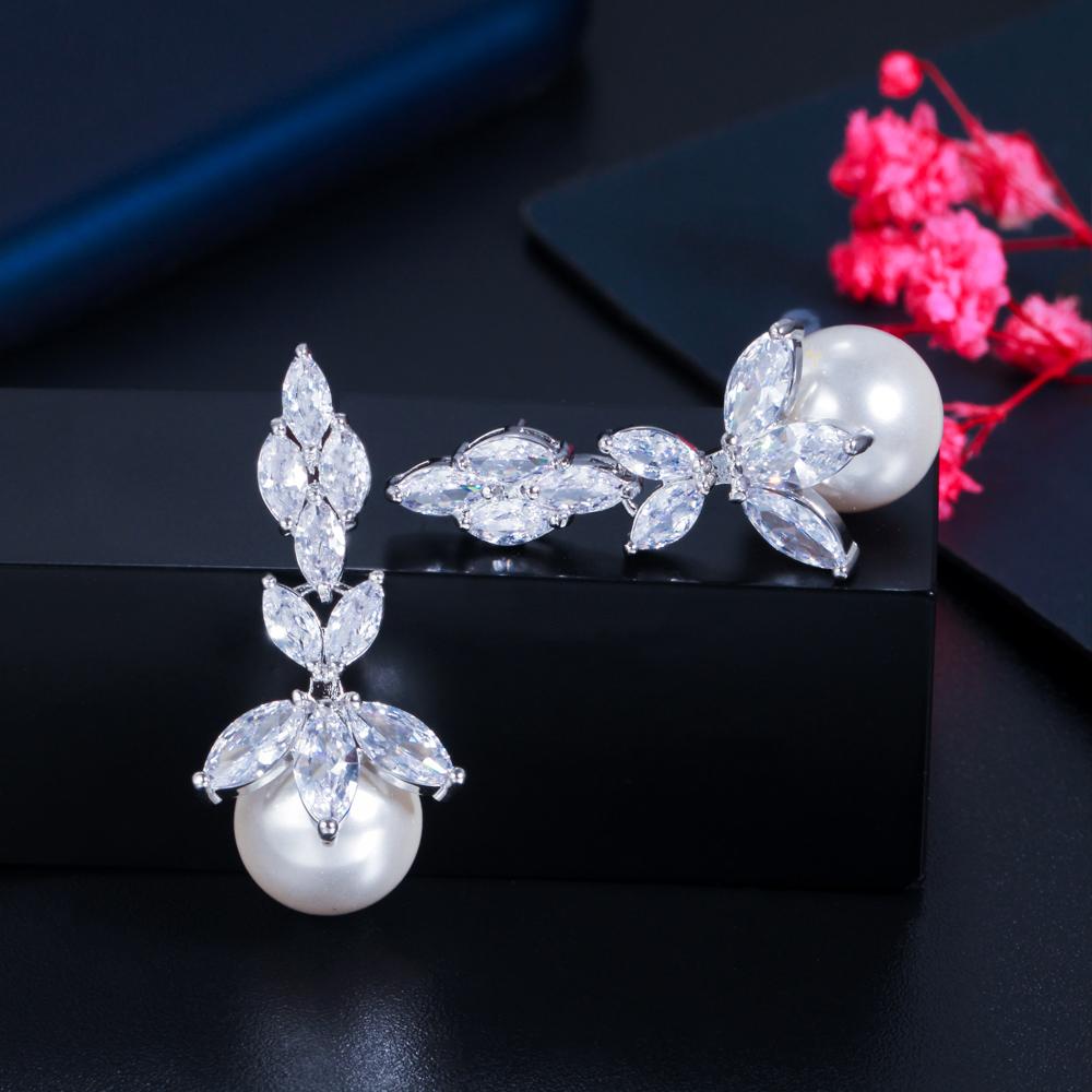 Ircons Top Quality Bling Marquise Cut Cubic Zirconia Stone Big Wedding Party Pearl Drop Earrings Jewelry for Women CZ131