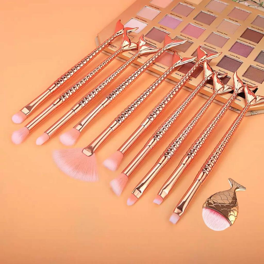 BAOQISHAN Mermaid Makeup Brush Includes Lip and Kabuki Beauty Brushes with Pink Pouch 11-Piece Set, Foundation, Powder, Cream, Eyebrow, Eyeshadow,