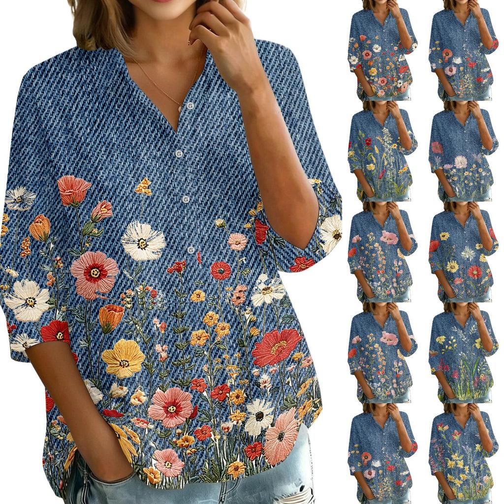 Women Button Front Vintage Floral Print Shirt Three Quarter Sleeve Loose Fit Blouse Casual Lightweight Top for Everyday Wear