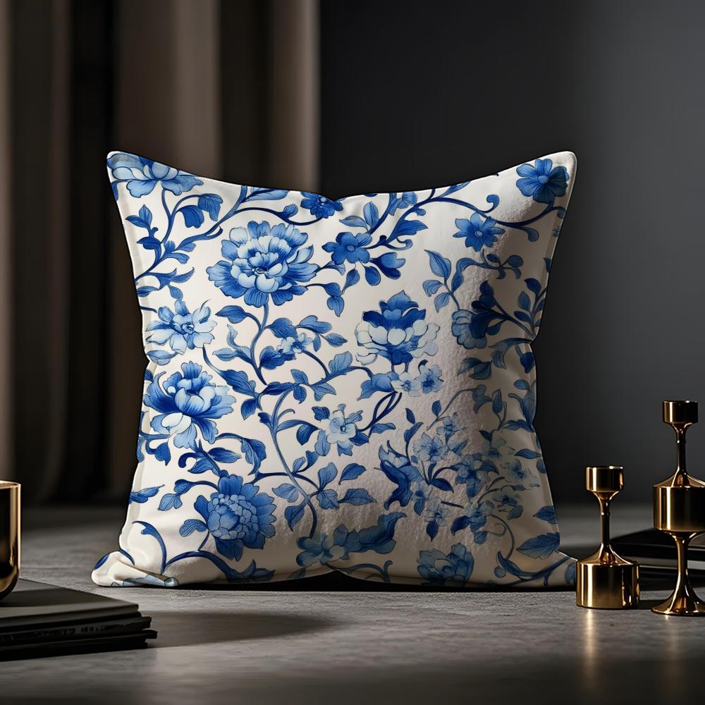 Oriental Blue And White Porcelain Cushion Cover Anti-dustmite Pillowcase Invisible Zipper Silky Short Plush Sofa Cushion Cover