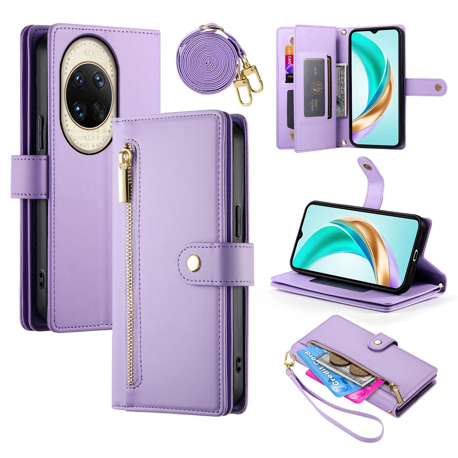 

For Huawei nova 14 Ultra 5G Case Zipper Pocket Wallet Leather Phone Cover with Straps Purple