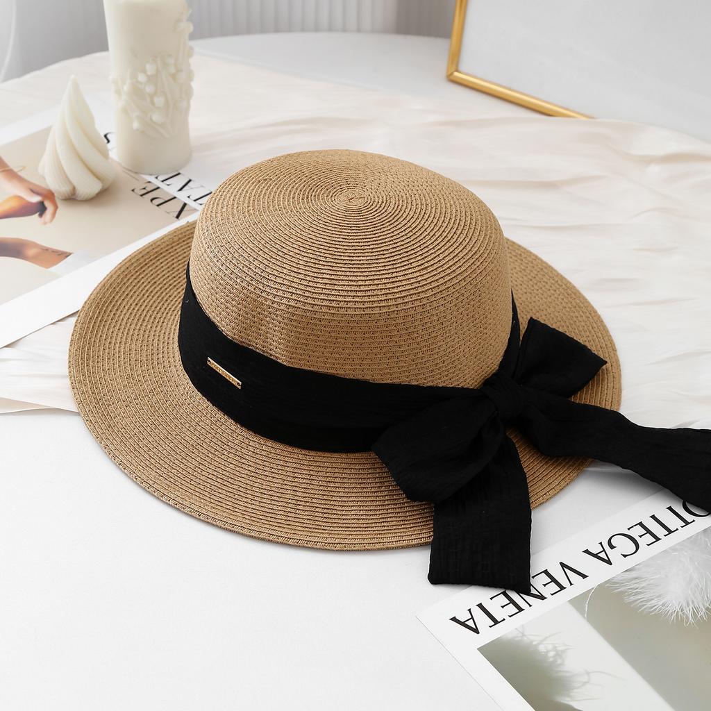 Korean-Style Sweet Bow-Knot Ribbon Flat-Top Wide-Brimmed Beach Hat Face-Slimming Everyday Wear Women's Sun Hat
