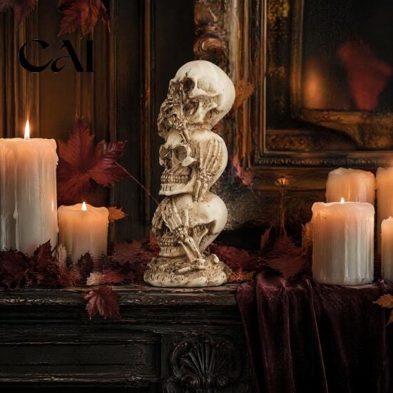 Decorative Bone Sculpture Stacked Skull Heads Statue, Gothic Resin Figurine, See Speak Spooky Haunted House Props Hear No Evil Skulls for Halloween