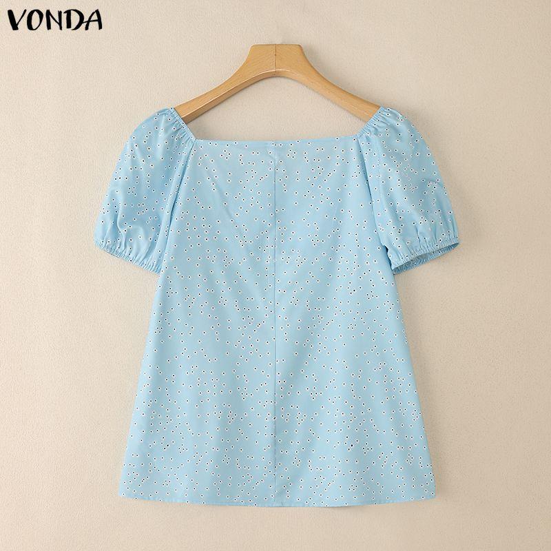 VONDA Summer Women Casual Square Collar Short Sleeve Polka Dots Blouse