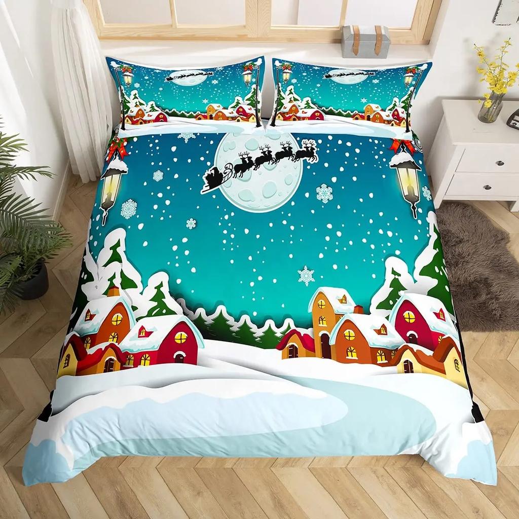 Christmas Tree Duvet Cover Set Blue Xmas Comforter Cover Girly Glitter Elk Bedding Sets Winter Snowflakes Duvet Cover Full Size