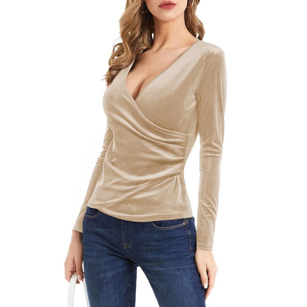 Fashion Sexy Solid Color Slim Pleated Top Women's V-Neck Long Sleeved Blouse Spring and Autumn Women's T-Shirt Clothes