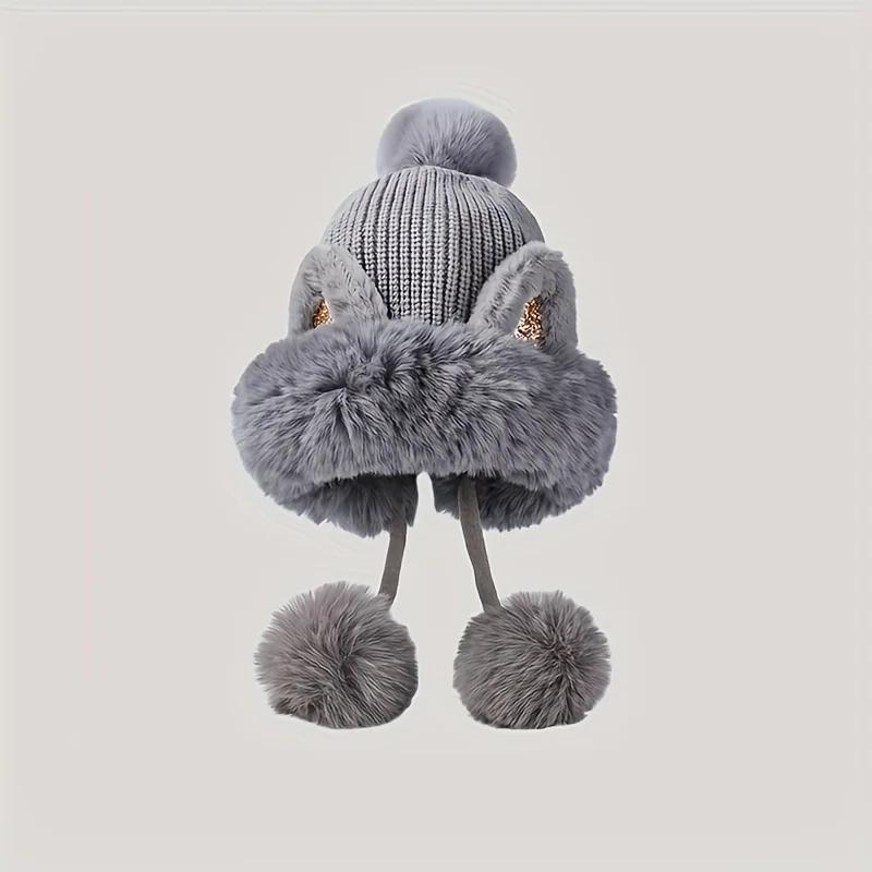 Women's Faux Fur Cat Ear Beanie – Glitter Accents & Plush Pom-Pom Thick Warm Skull Cap with Elastic Cuff Windproof Winter Hat