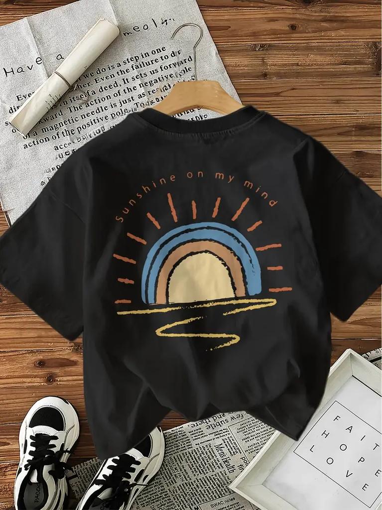 Vibrant Sun Rainbow Design 100% Cotton T-Shirts Female Funny T Shirts Egirl Korean Fashion Graphic Tees Tops Women Clothing