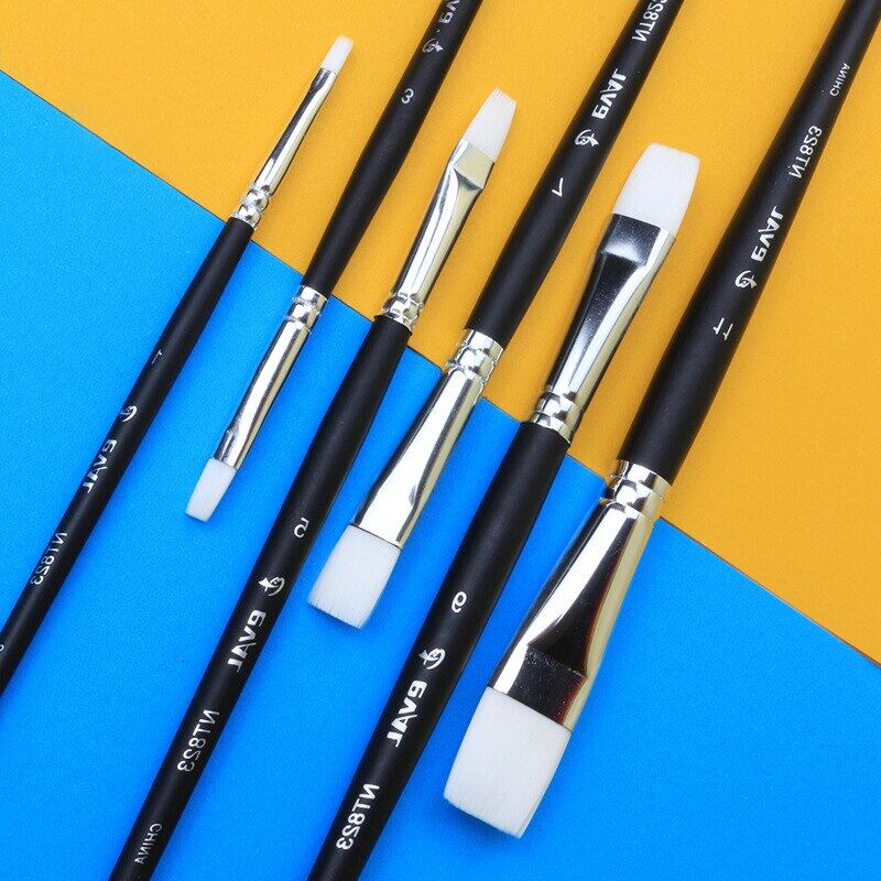 JOWOART Black Short Rod White Nylon Hair Flat Head 6 Pcs Paint Brush Gouache Watercolor Acrylic Oil Painting Set Art Tools Supplies
