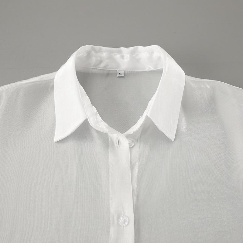 Women S French Style Sheer Mesh Long Sleeve Collared Shirt