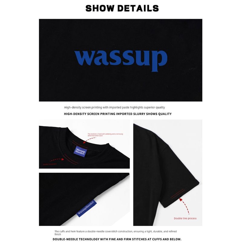 Wassup Heods Letter Logo Trendy Brand Short-Sleeved T-Shirt for Men and Women, Summer Loose and Versatile Tee, Couple's T-Shirt