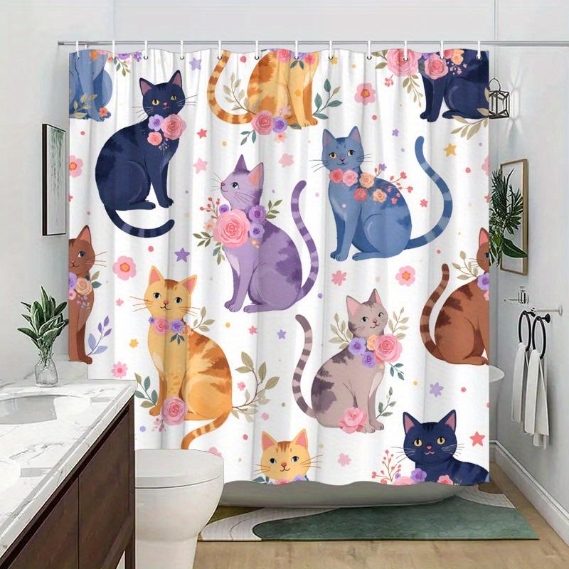 Whimsical Cats & Floral Shower Curtain - Playful Feline Design, Pink Purple Roses & Stars, Durable Polyester,Machine Washable