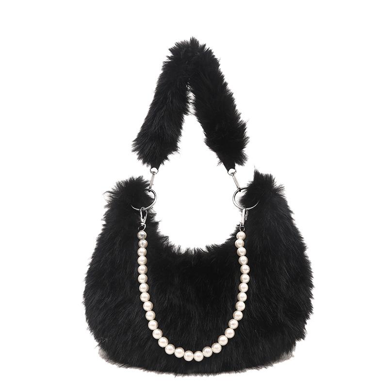 Women's Pearl Chain Handbags Faux Fur Underarm Purses Plush Fluffy Shoulder Bag for Women Furry Tote Bag for Fall Winter Large Fuzzy Crossbody Bag