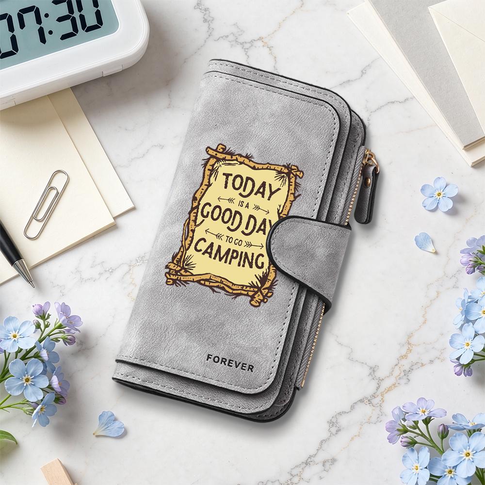 Women Camping Theme Long Wallet Casual Portable Multi Card Slot Purse Fashion Daily Use Clutch