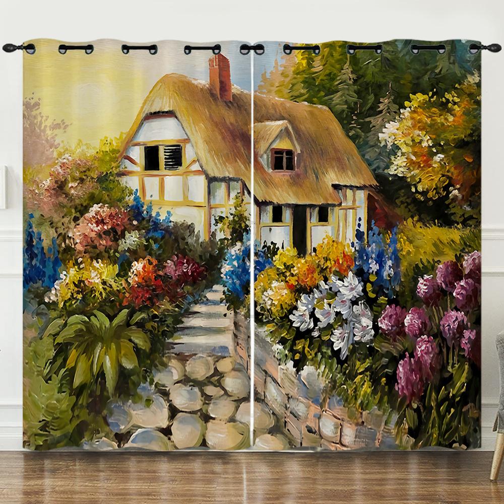 Curtain Oil Painting Landscape Firefly 3D Digital Printing Blackout Curtain Punching