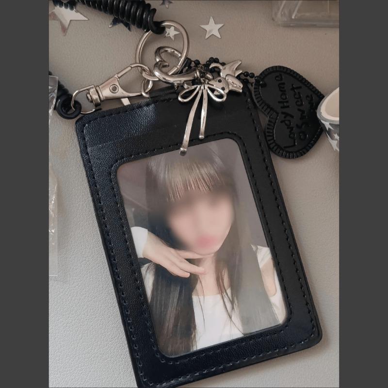 Siyah PU Deri Gümüş Kedi Fiyonk Kolye Fotoğraf Kartı Tutucu Öğrenci Kampüs Kartı Kimlik Kartı Tutucu Kpop