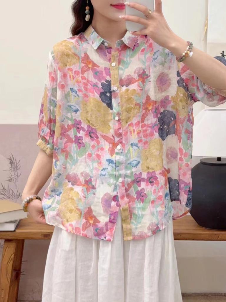 Johnature Women Vintage Print Floral Shirts Tops Turn-down Collar Seven Sleeve Blouses Summer Chinese Style Shirts