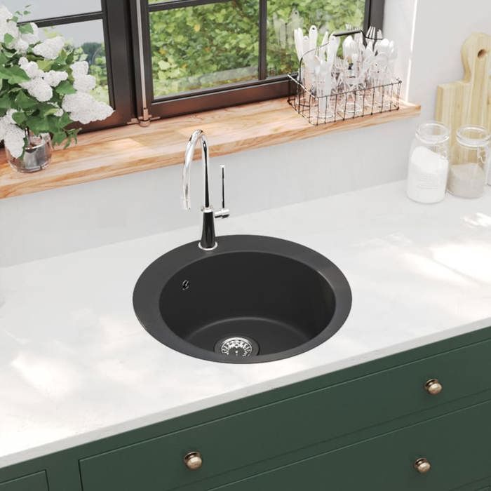 VidaXL Évier de Cuisine Granit Bac Unique Rond Noir Cuvette Lavabo de Cuisine 142956
