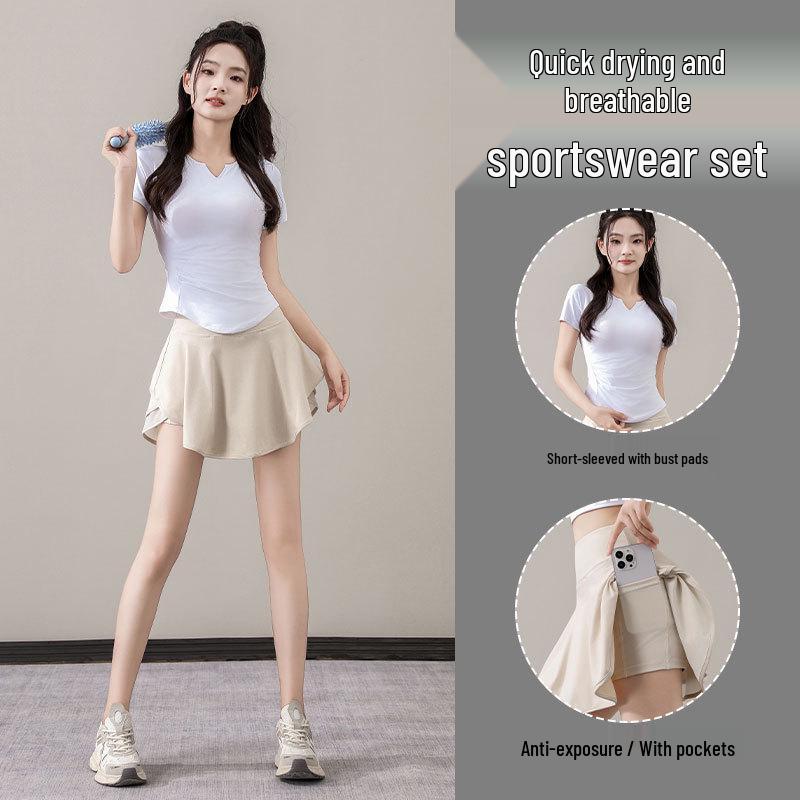 Damen Sommer Sportbekleidungsset: Schnelltrocknendes Tennis-, Badminton-, Yoga- und Lauf-Outfit mit kurzärmeligem Oberteil und Rock.