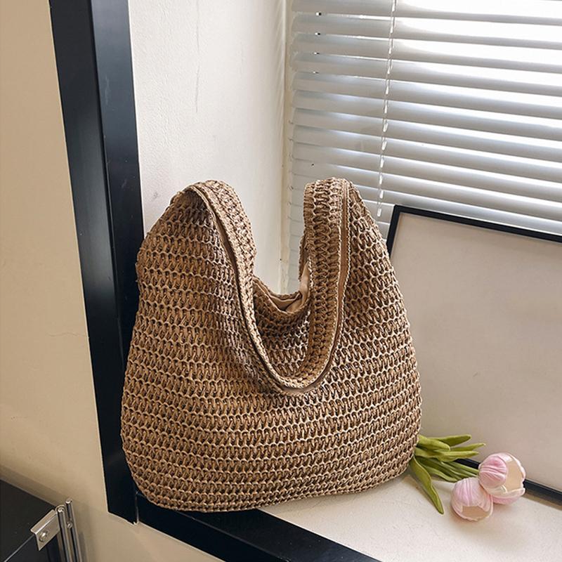 Solid Color Woven Tote Bag Hollow Out Breathable Shopping Straw Bag Lightweight Summer Beach Handbag For Women AVE