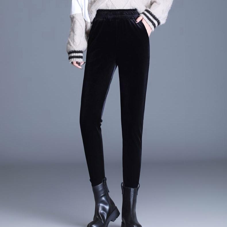 Women's Velvet Skinny Pants  Autumn Winter High-Waist Slim Fit Stretch Velvet Leggings Outwear