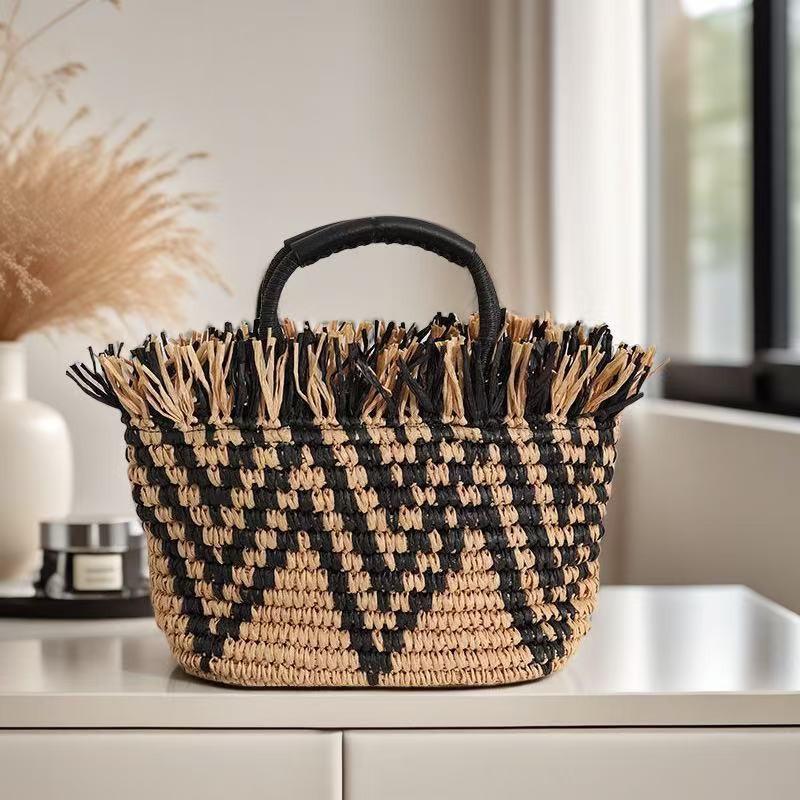 Rough Edge Color Matching French Straw Woven Bag Solid Hand-woven Large-capacity Seaside Vacation Portable Tote