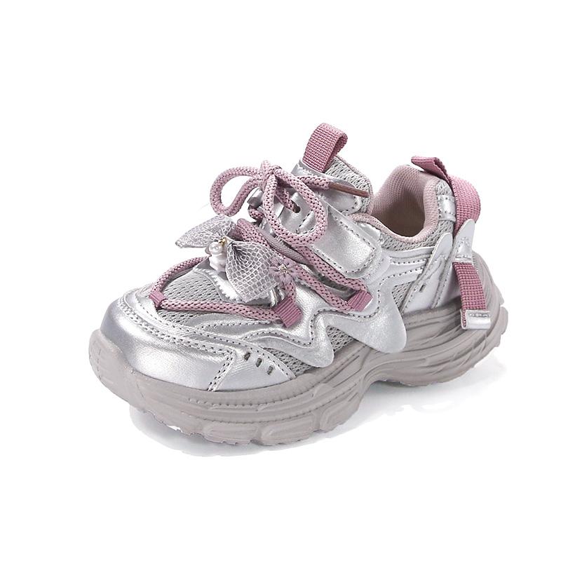 Girls Sports Shoes Princess Style Kids Sneakers with Lace Bow Sweet Flower 2025 New Fashion Girls Running Shoes Mesh Breathable