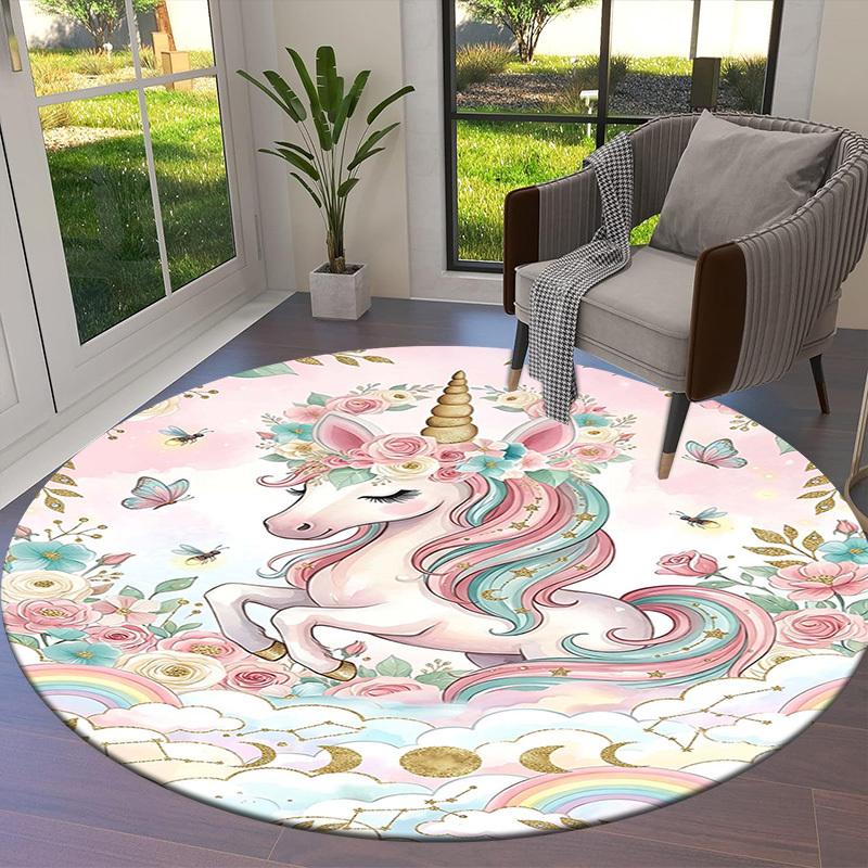 1PC Unicorn Flowers Non-Slip Floor Round carpet, Office, family, bedroom, Large Area Rug Indoor Rugs, Durable Polyester-L0381