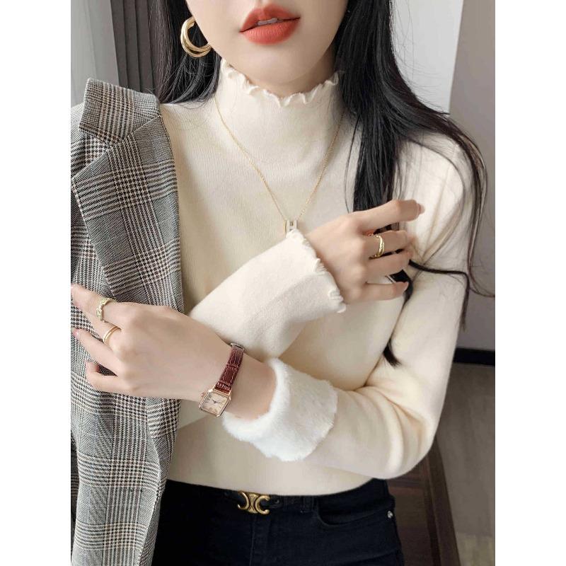 Semi-turtleneck fungus edge integrated fleece thickened knitted sweater women's autumn and winter simple inner bottoming shirt top