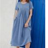 European and American Women's Clothing New Explosive Round Neck Short Sleeve Pocket Cotton and Linen Dress