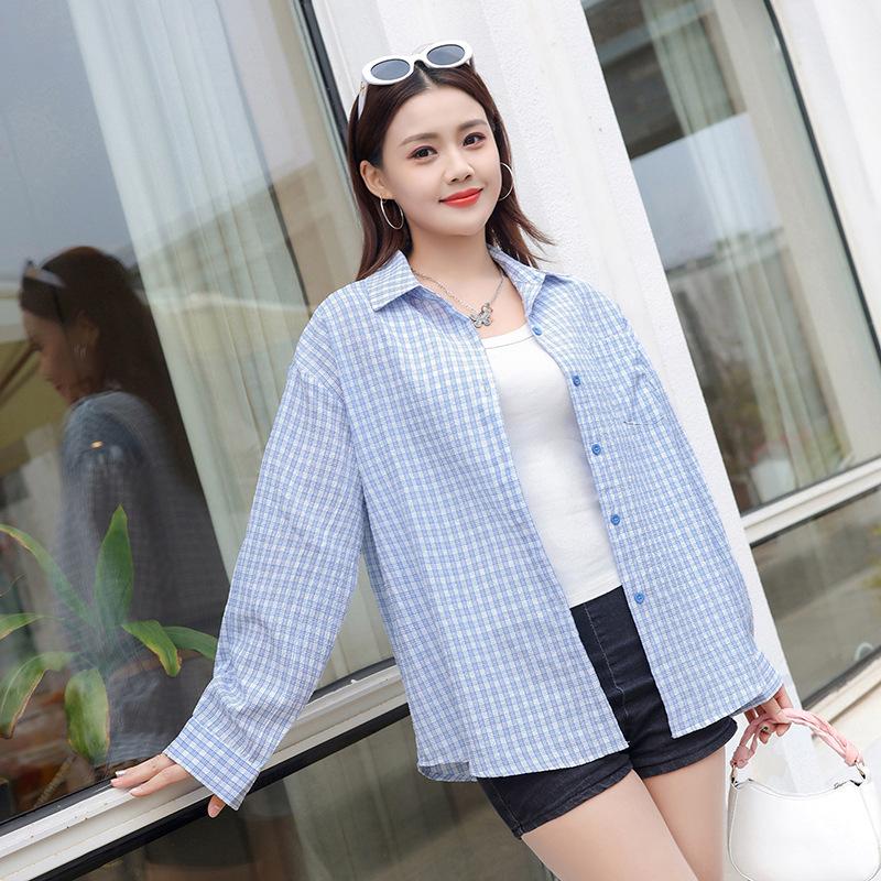 New Long-sleeved Plaid Shirt Women's Spring and Autumn Thin Casual Style Simple Design Loose and Thin Versatile Shirt
