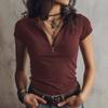 Womens Burgundy Half Zip Henley Neck T Shirt With Short Sleeves Casual Slim Fit Top